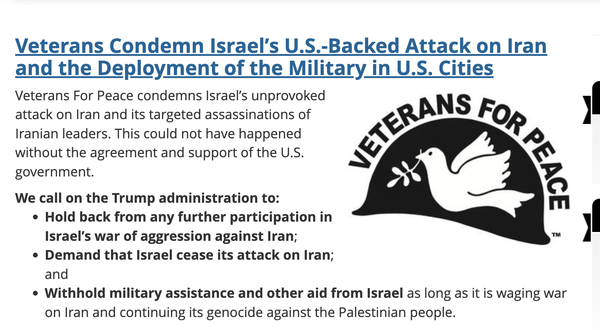 Veterans for Peace condemns Israel's U.S. backed attack on Iran